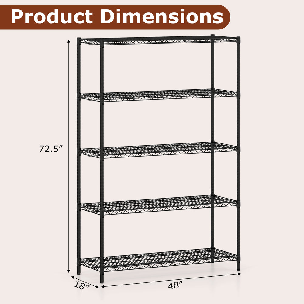 5-tier black metal storage shelving unit with adjustable shelves, dimensions 72.5" x 48" x 18", ideal for garage or.