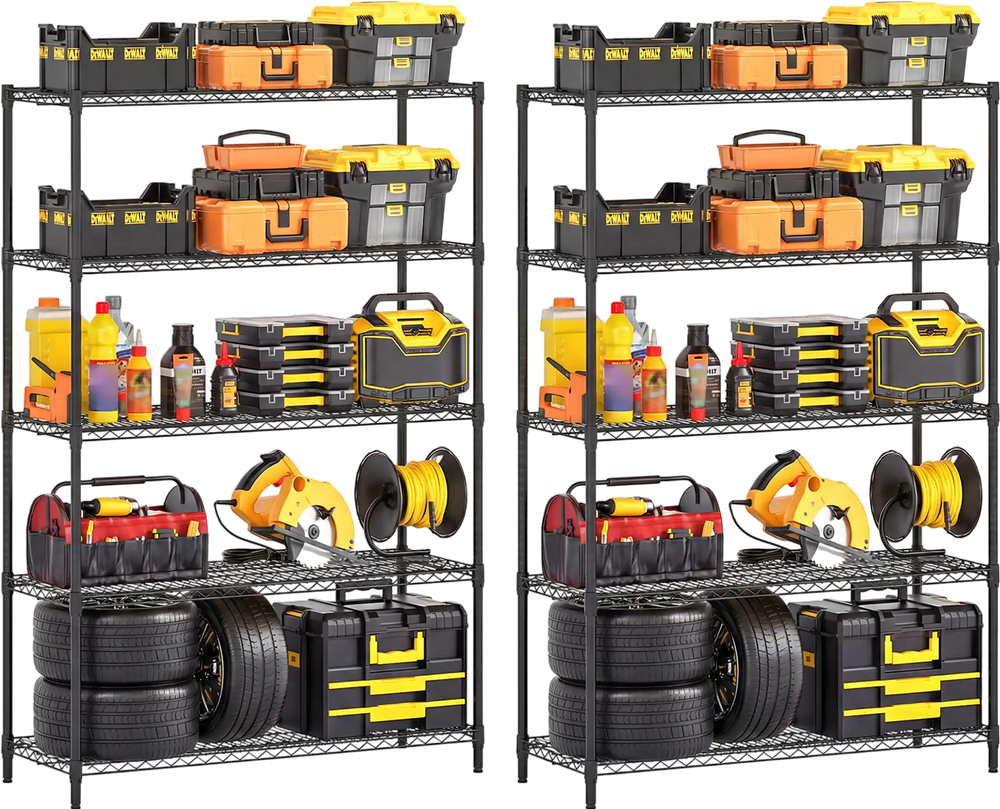 5-tier metal storage shelving unit set of 2 in black, featuring adjustable shelves and V-shaped wire racks for.