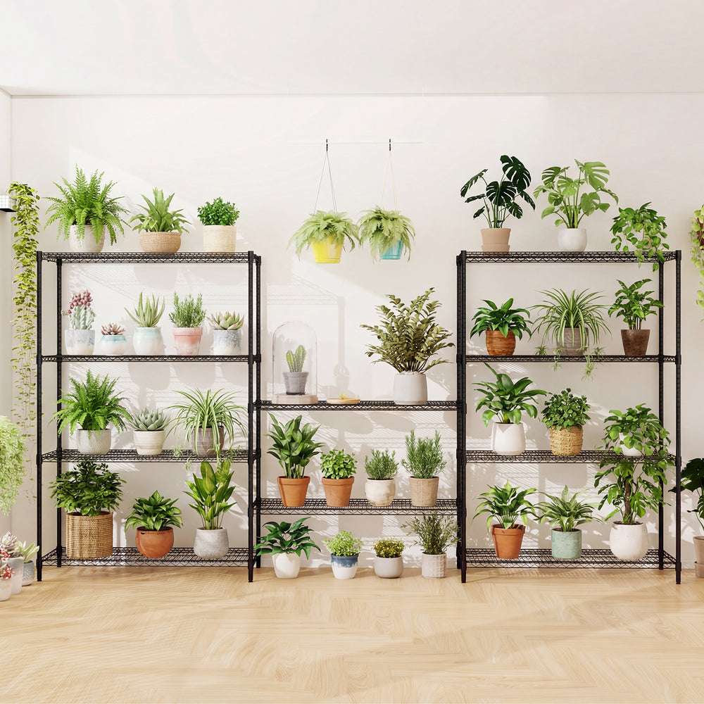 5-tier black metal shelving unit set of 2 with adjustable shelves, ideal for plant display in various indoor settings.