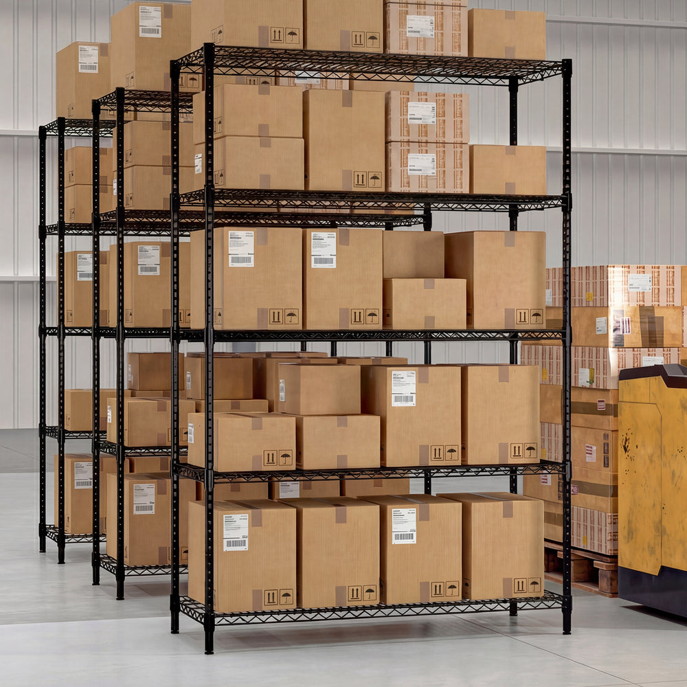 5-tier black metal storage shelving unit with adjustable shelves and V-shaped wire racks for garage or basement use.