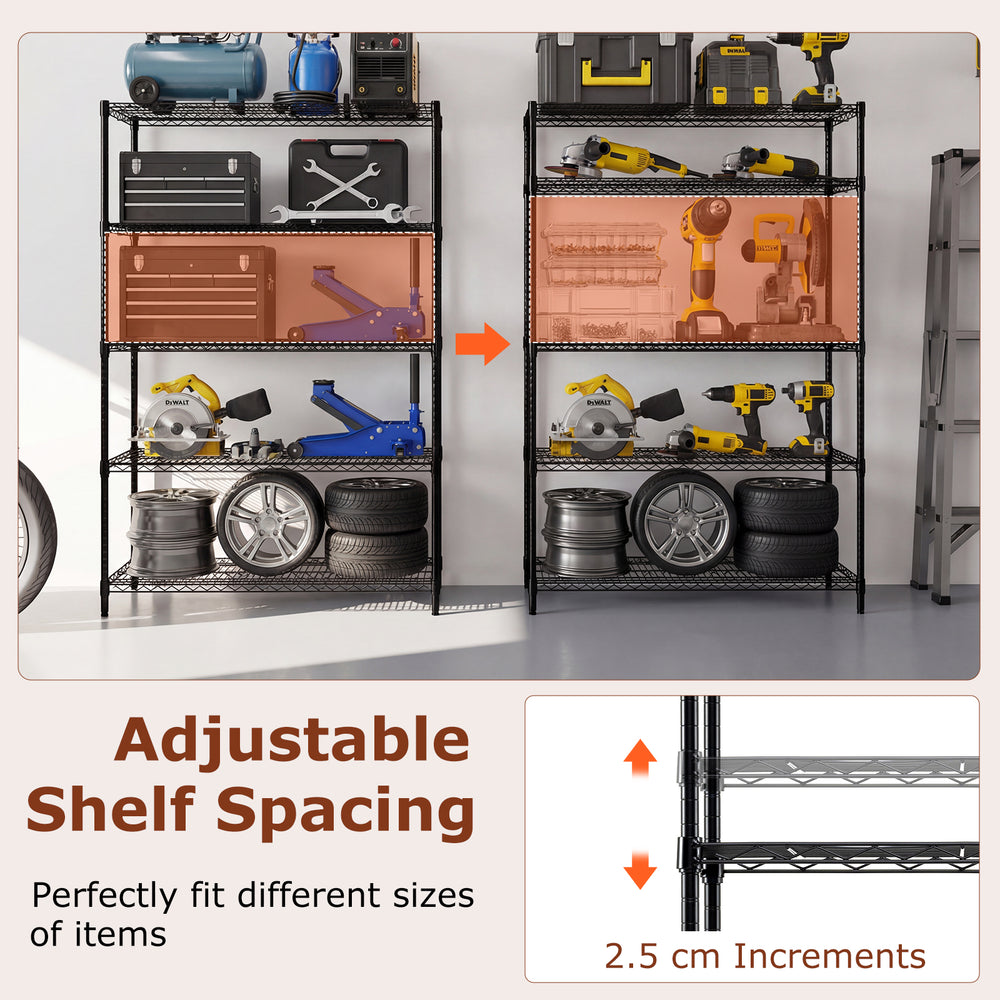 5-tier black metal storage shelving unit with adjustable shelves, ideal for garage or basement organization.