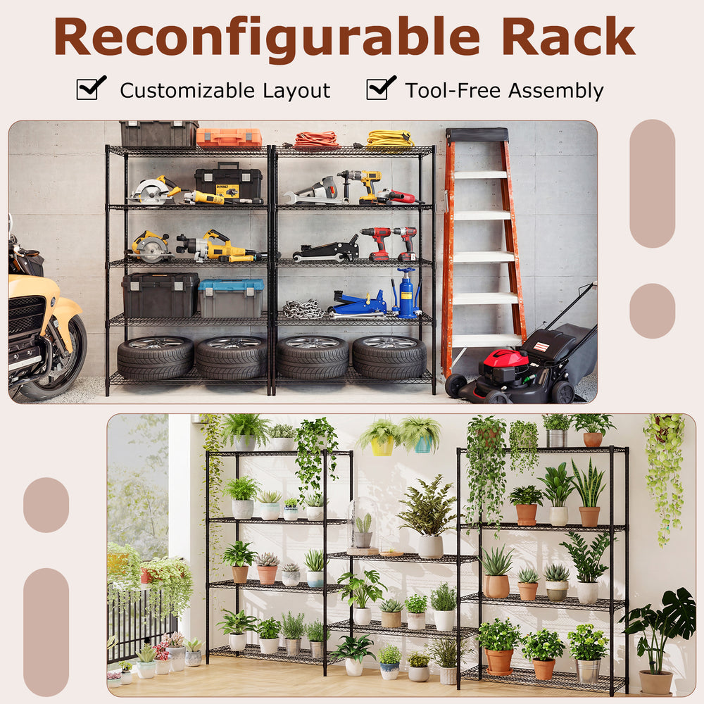 5-tier black metal storage shelving unit set with adjustable shelves, ideal for garage or kitchen organization.