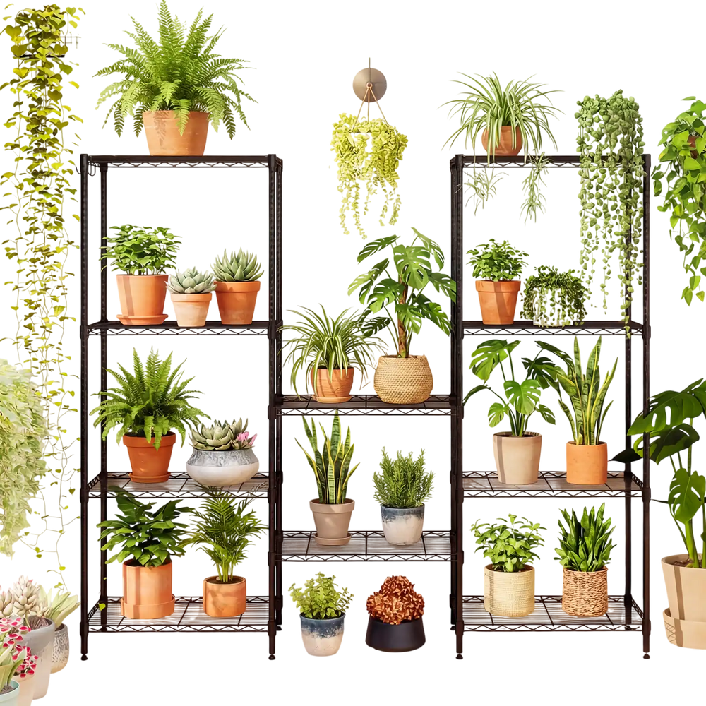 5-tier black metal shelving unit with plants, featuring adjustable shelves and sturdy V-shaped wire racks for versatile.