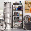 5-tier black metal storage shelving unit with adjustable shelves and V-shaped wire racks, ideal for garage organization.
