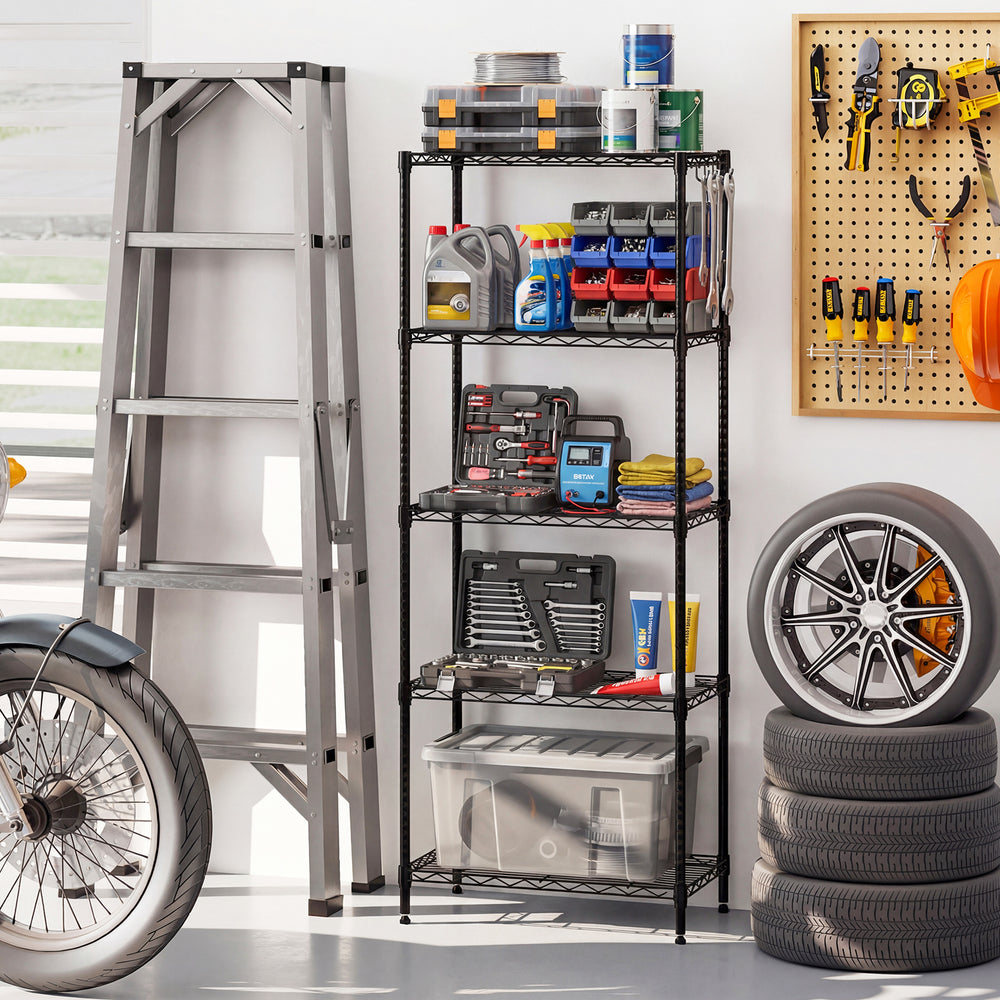 5-tier black metal storage shelving unit with adjustable shelves and V-shaped wire racks, ideal for garage organization.