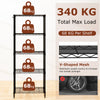 5-tier black metal storage shelving unit with V-shaped wire racks, adjustable shelves, ideal for garage or kitchen use.