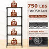 5-tier black metal storage shelving unit with adjustable shelves, V-shaped wire racks, and a total max load of 750 lbs.