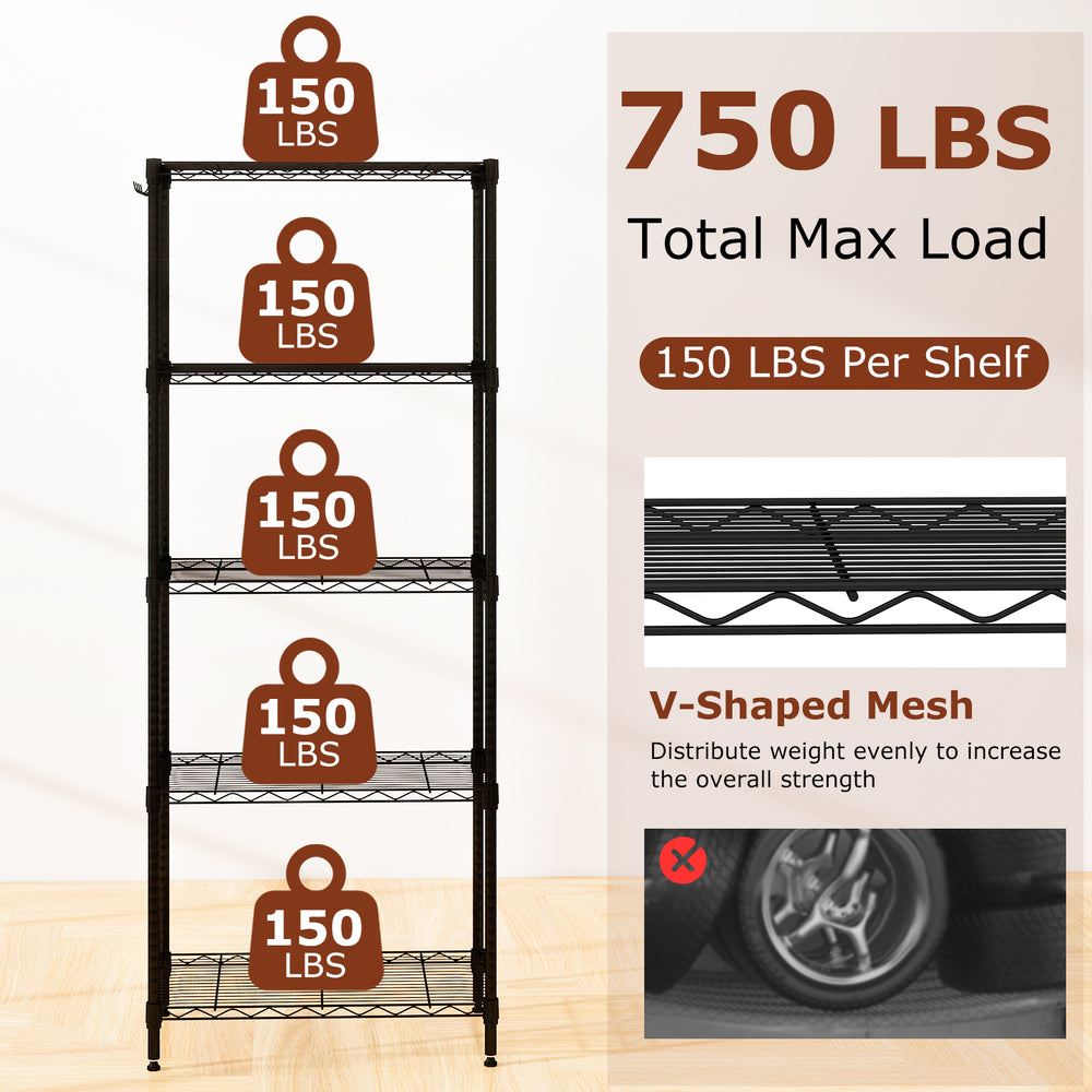 5-tier black metal storage shelving unit with adjustable shelves, V-shaped wire racks, and a total max load of 750 lbs.