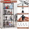 5-tier black metal shelving unit with adjustable shelves and anti-tipping kits, ideal for garage or kitchen storage.
