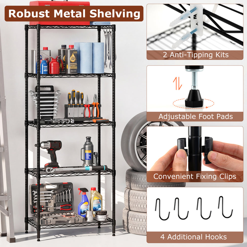 5-tier black metal shelving unit with adjustable shelves and anti-tipping kits, ideal for garage or kitchen storage.