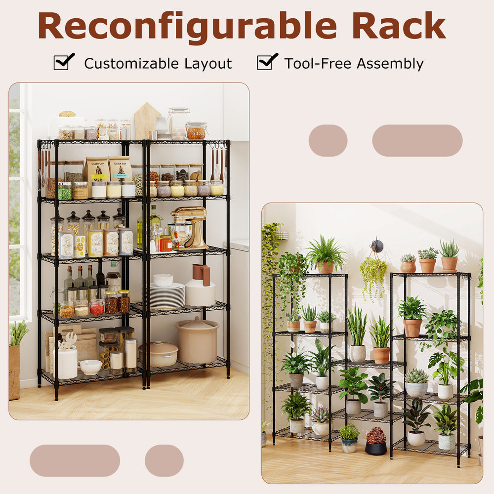 5-tier black metal storage shelving unit with adjustable shelves and V-shaped wire racks, ideal for garage or kitchen.