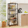 5-tier black metal storage shelving unit showcasing jars and bottles, perfect for pantry organization and kitchen.