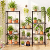 5-tier black metal shelving unit displaying various potted plants, ideal for organizing kitchen or garage items.