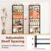 5-tier black metal storage shelving unit with adjustable shelf spacing, ideal for organizing kitchen and garage items.