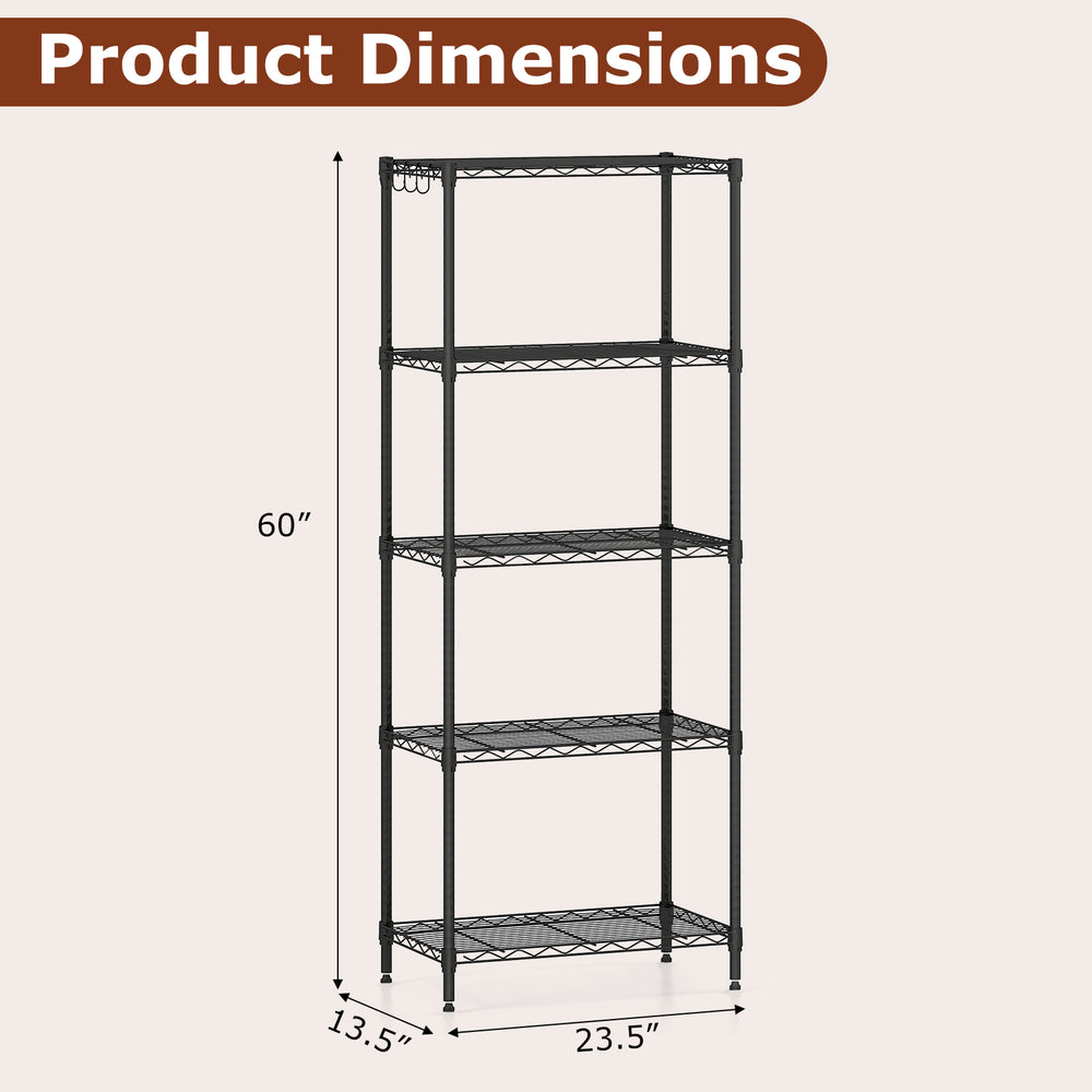 5-tier metal storage shelving unit dimensions, featuring adjustable shelves and a 750 lbs capacity for versatile.
