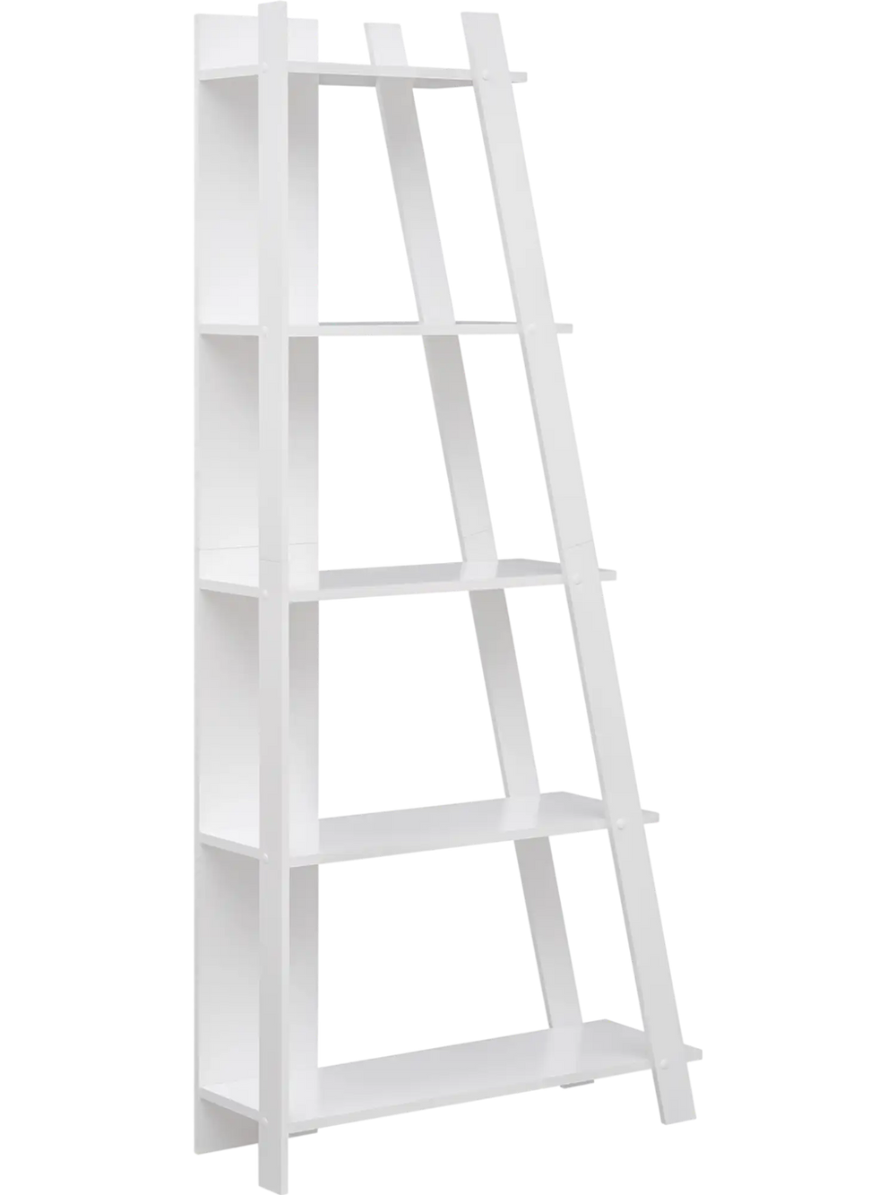5-tier white bookshelf with sturdy wooden boards, ideal for small spaces, perfect for books, plants, and decor.
