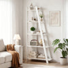 5-tier white bookshelf with a modern design, ideal for small spaces, perfect for displaying books and decor.