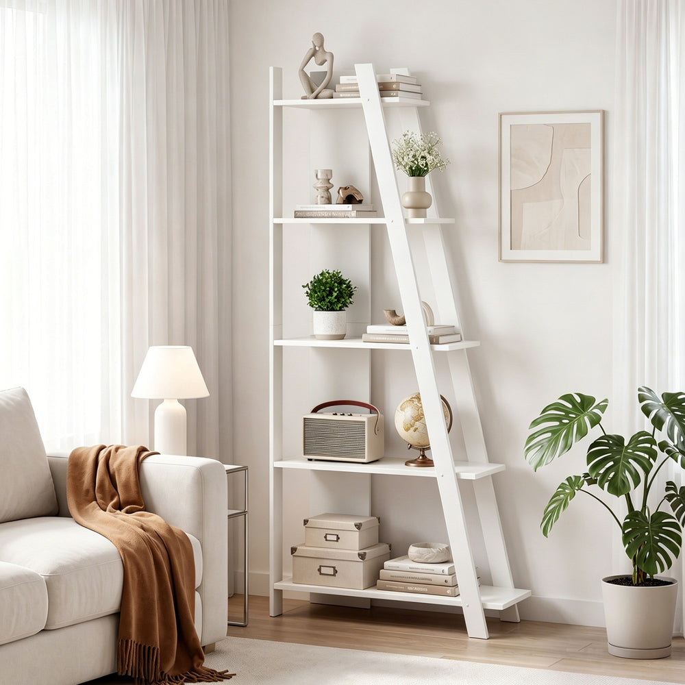5-tier white bookshelf with a modern design, ideal for small spaces, perfect for displaying books and decor.