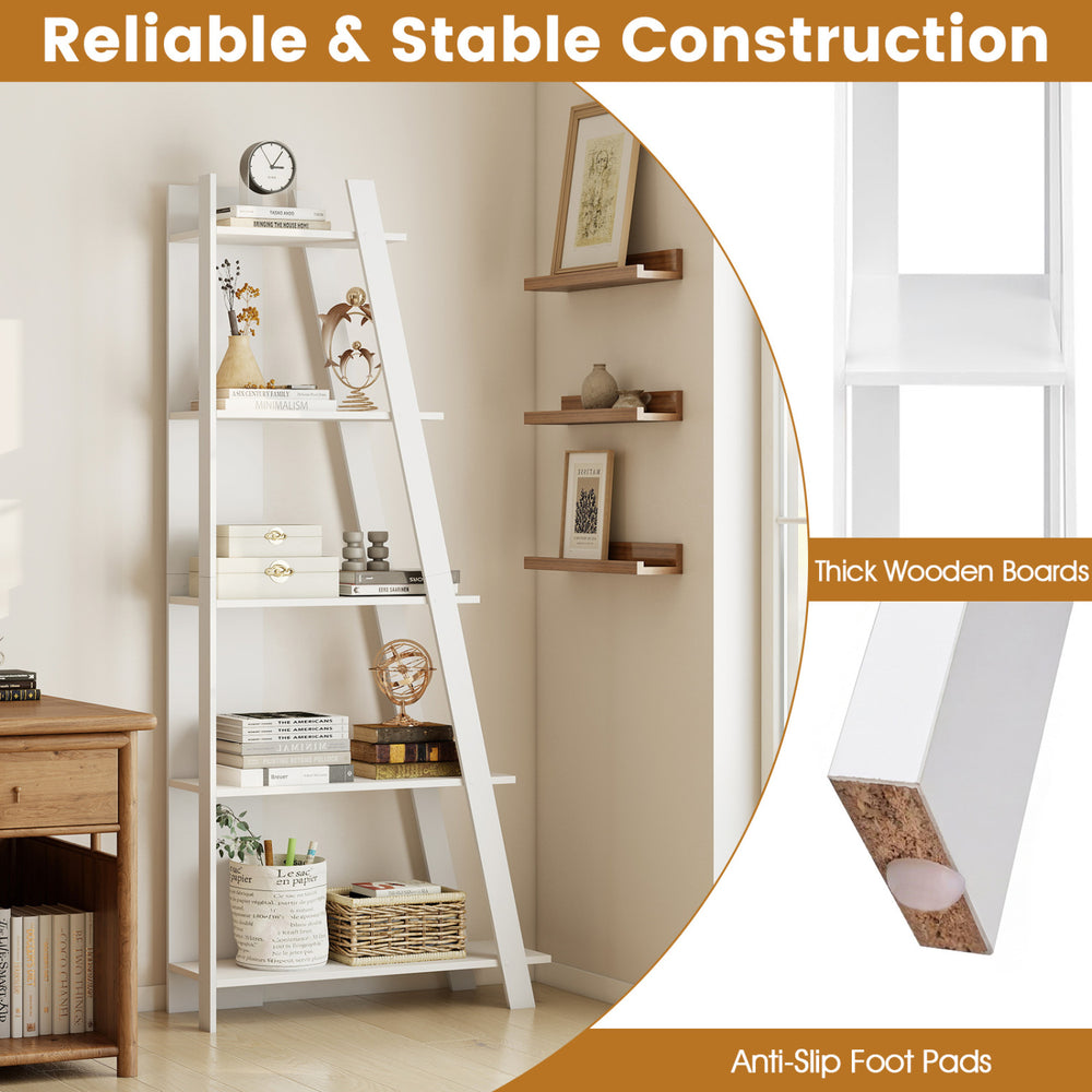 5-tier narrow vertical bookshelf in white with thick wooden boards, ideal for small spaces and home organization.