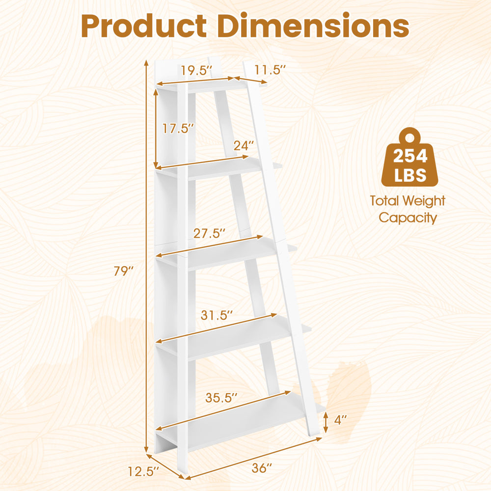 5-tier narrow vertical bookshelf in white with dimensions, ideal for small spaces and displaying books and decor.