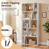 5-tier modern bookshelf in white with open back, featuring 10 storage cubes and 2 anti-tipping devices for safety.
