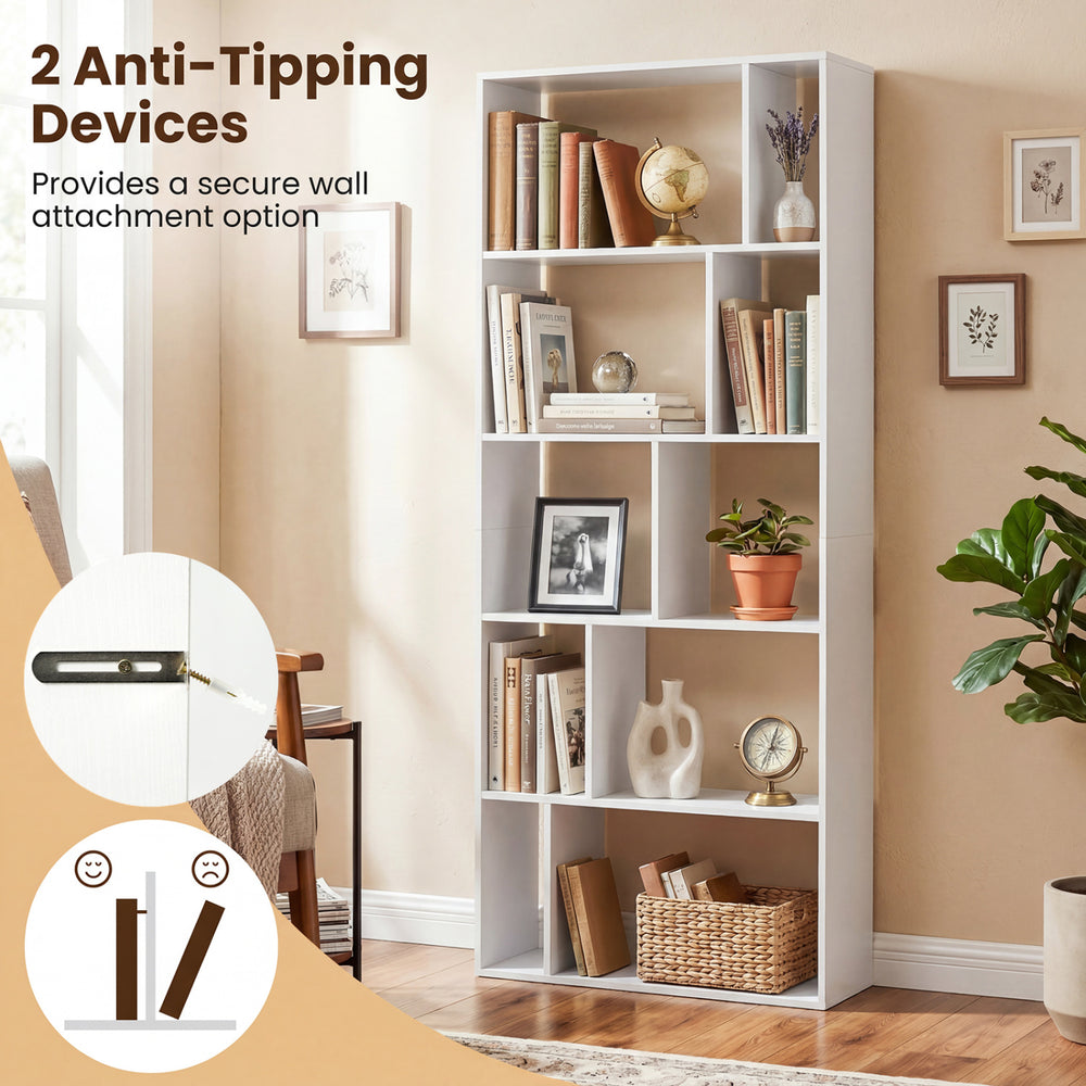 5-tier modern bookshelf in white with open back, featuring 10 storage cubes and 2 anti-tipping devices for safety.