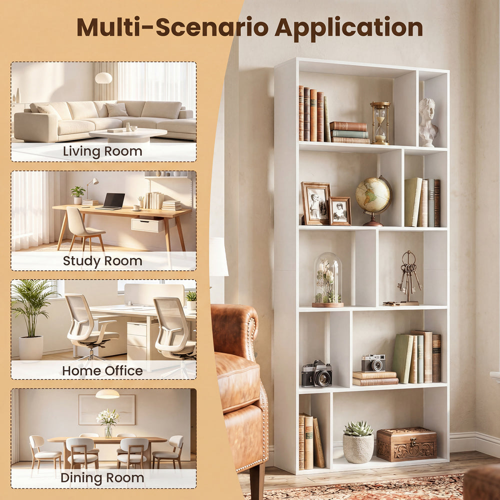 5-tier modern bookshelf in white with open back, featuring 10 storage cubes for versatile organization in any room.