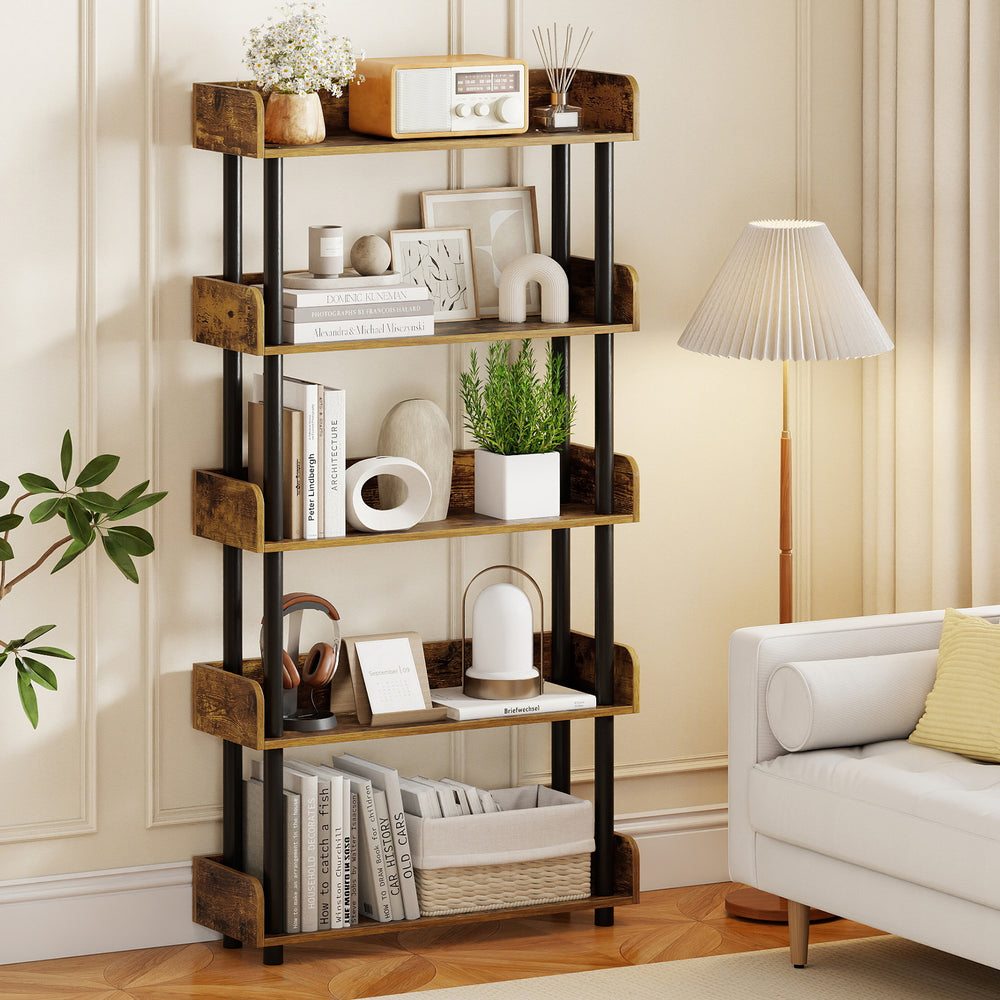 5-Tier Open Bookcase with Industrial Storage Unit-Rustic Brown - Gallery View 1 of 9