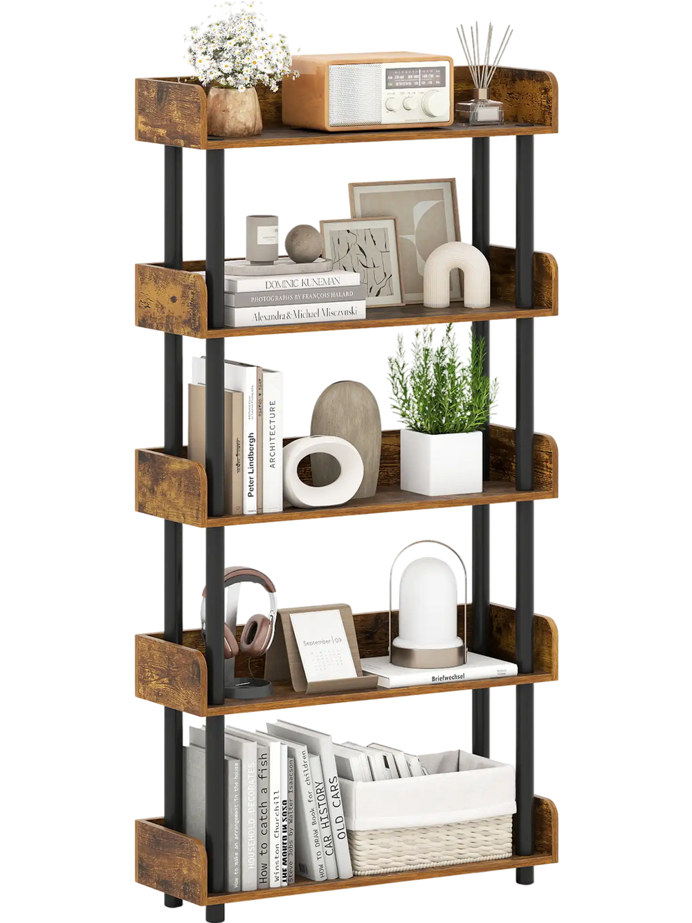 5-tier open bookcase in rustic brown, featuring decorative potted plants and photos, perfect for stylish home.