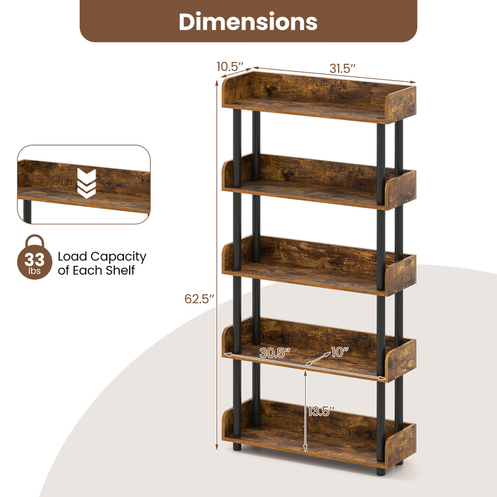 5-tier open bookcase in rustic brown with industrial design, featuring strong support pillars and anti-tipping kit for.