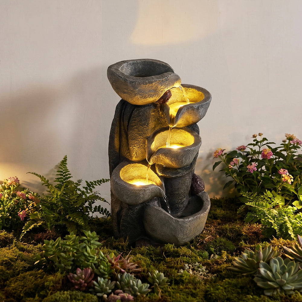 5-tier outdoor water fountain with LED lights, resin construction, and cascading design for relaxing ambiance in patio.