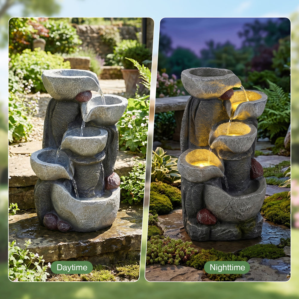 5-tier outdoor water fountain with LED lights, showcasing cascading water flow and stone-like texture for patio.