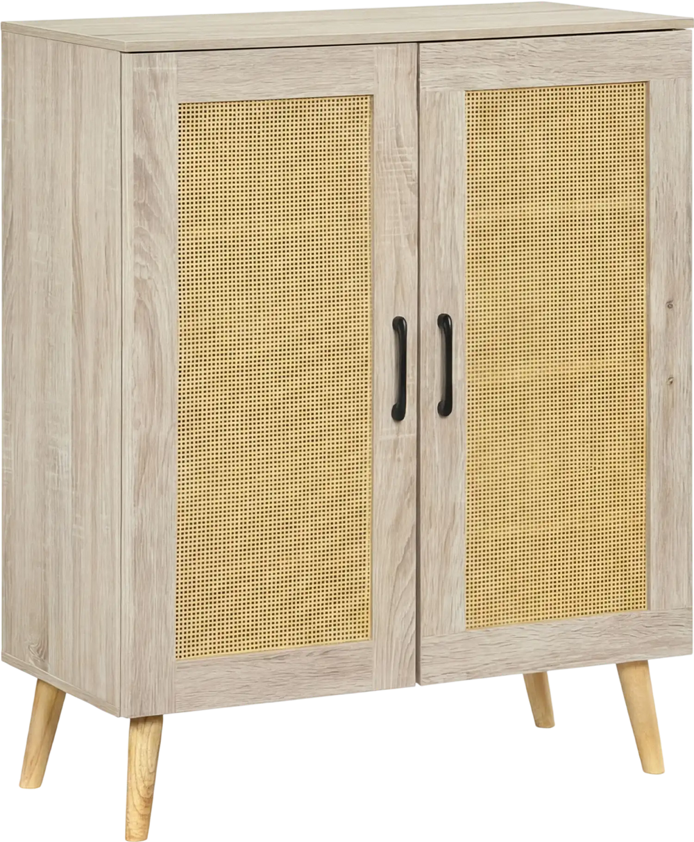 Natural 5-tier rattan shoe cabinet with 3 removable shelves and solid rubber wood legs for versatile shoe storage.