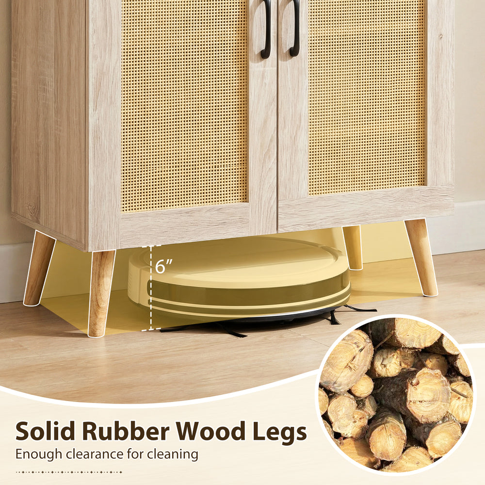 5-tier rattan shoe cabinet with solid rubber wood legs, featuring removable shelves and elevated design for easy.