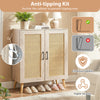 5-tier rattan shoe cabinet with removable shelves, natural wood finish, and anti-tipping kit for enhanced stability.