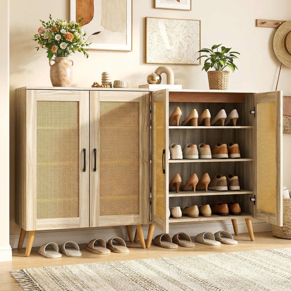 5-tier rattan shoe cabinet with removable shelves, natural wood finish, stylish design for organized shoe storage.