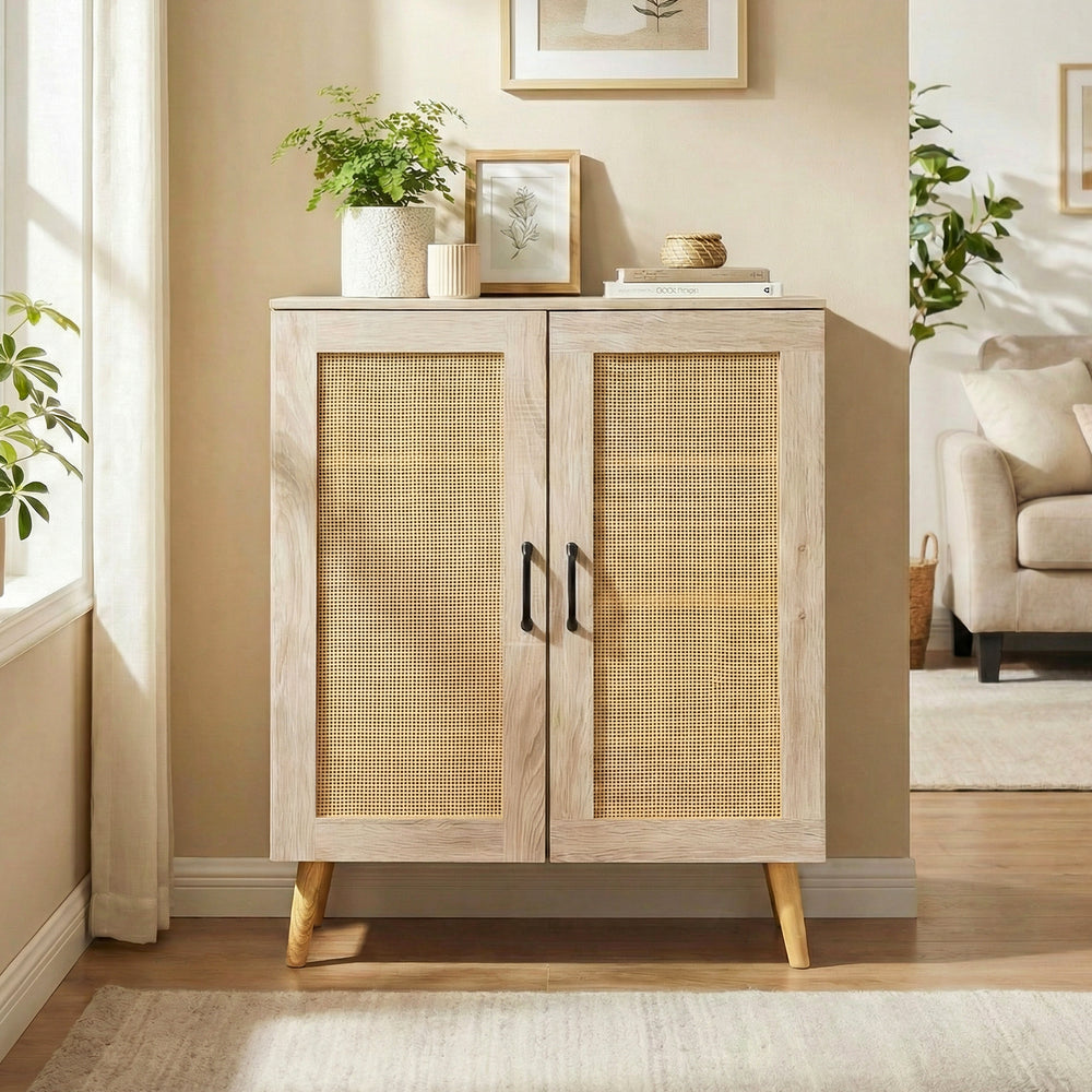 Natural 5-tier rattan shoe cabinet with woven doors, removable shelves, and solid rubber wood legs for stylish storage.