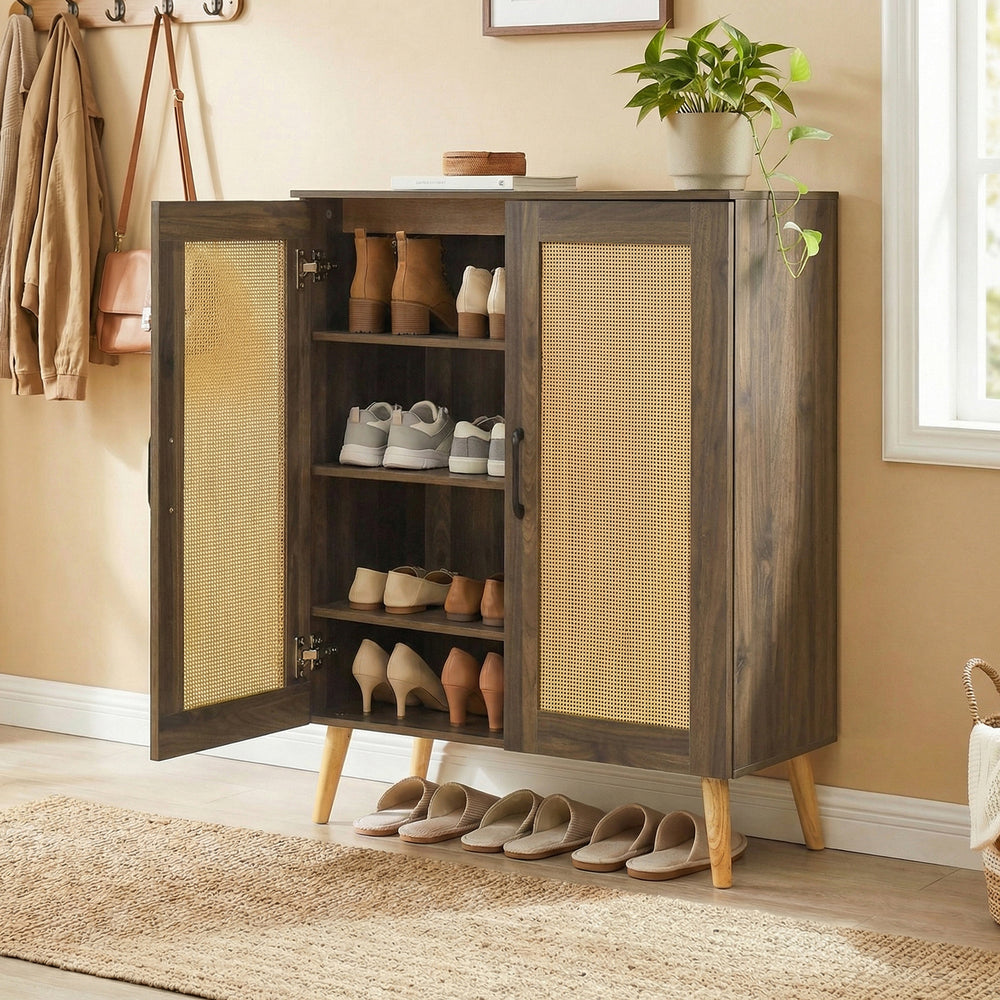 5-Tier Rattan Shoe Cabinet with 3 Removable Shelves-Walnut - Gallery View 1 of 10