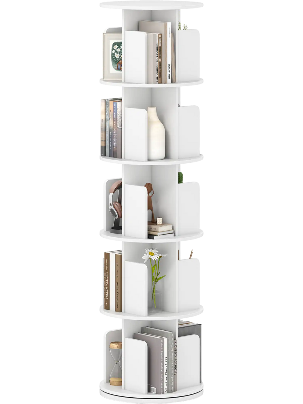 5-tier rotating bookshelf in white with dividers, offering 360° display and anti-falling baffles for organized storage.