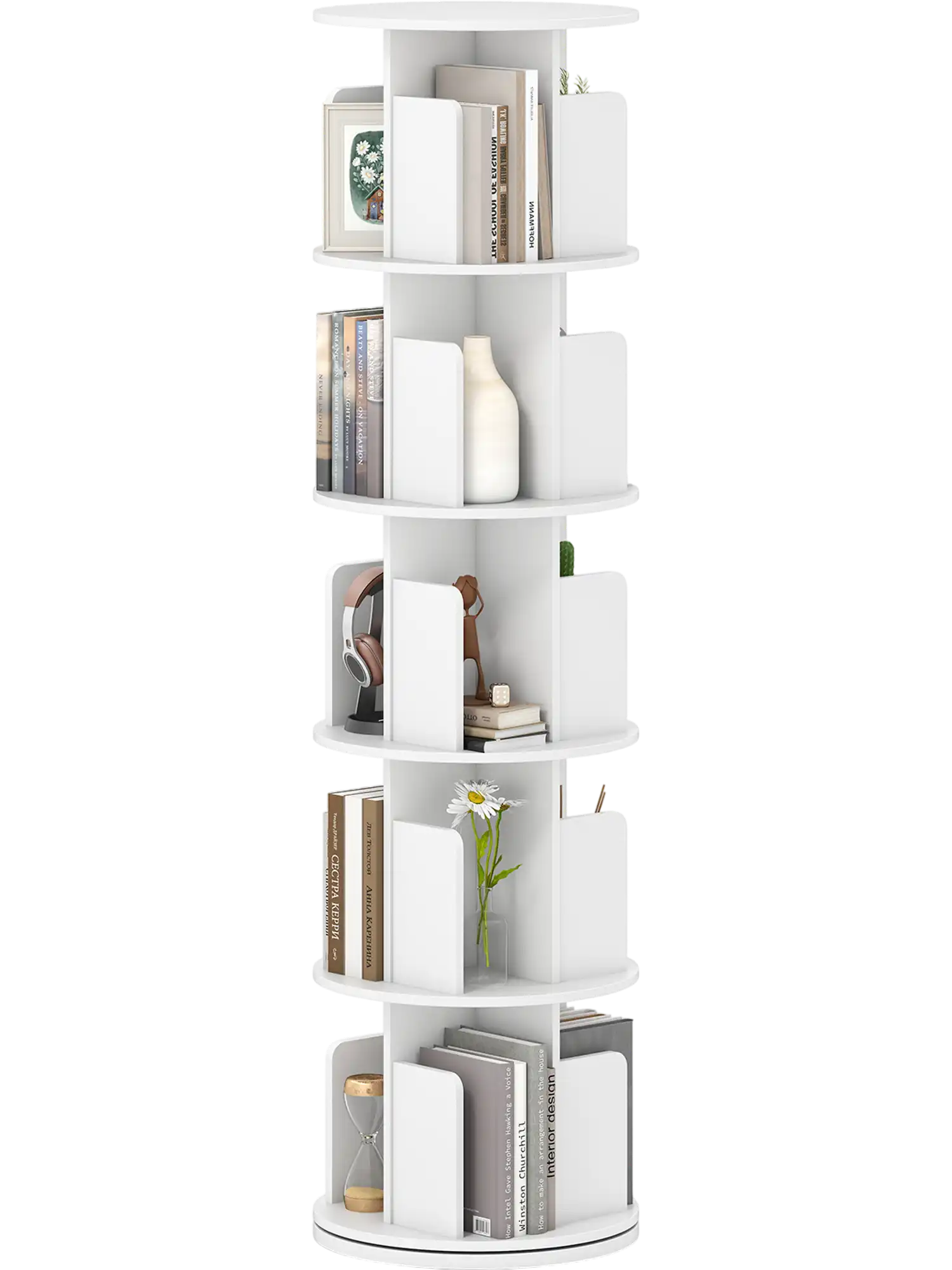Costway 5-Tier 360° Rotating Bookshelf Display Rack w/ Dividers & Anti-Falling Baffles 12097470 New