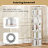5-tier rotating bookshelf in white with open shelves, dividers, and 360° swivel for organized storage and easy access.