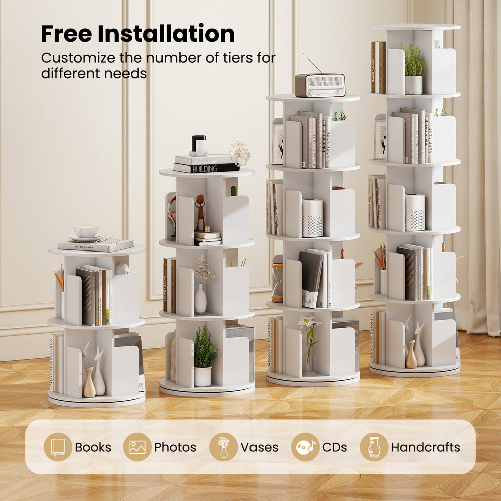 5-tier rotating bookshelf in white with open shelves, dividers, and anti-falling baffles for organized storage.
