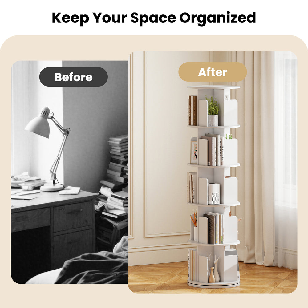 5-tier rotating bookshelf in white with dividers and anti-falling baffles, ideal for organized storage and display.