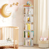 5-tier rotating bookshelf in white with dividers and anti-falling baffles, perfect for organizing books and decor.