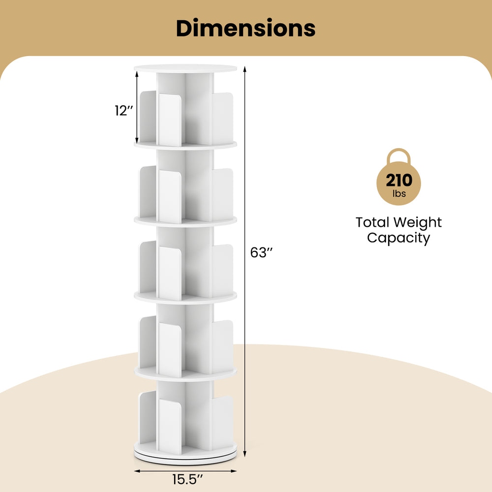 5-tier rotating bookshelf in white with dividers, 360° swivel, and anti-falling baffles for organized storage.