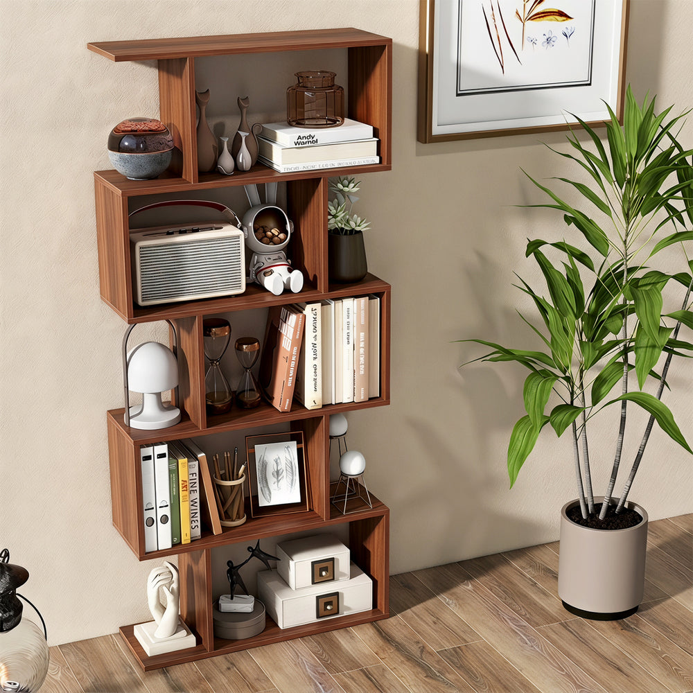 5-tier S-shaped walnut bookshelf with anti-tip kit, perfect for stylish storage in living rooms or home offices.