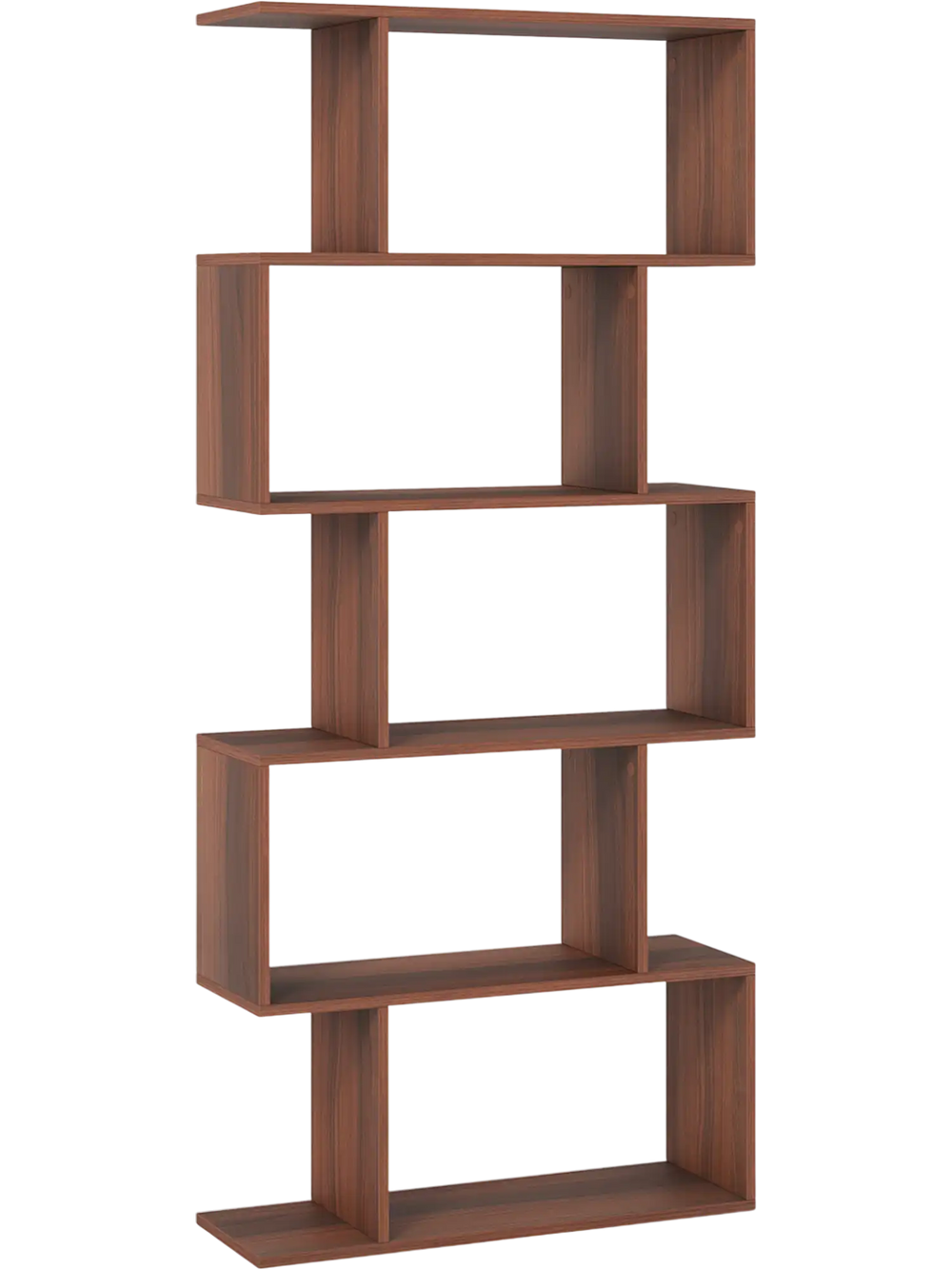 5-tier S-shaped bookshelf in walnut finish offers stylish storage and stability, perfect for living rooms or home offices.