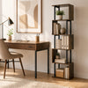 S-shaped 5-tier bookshelf in rustic brown with open cubes, perfect for displaying items in living room or office.