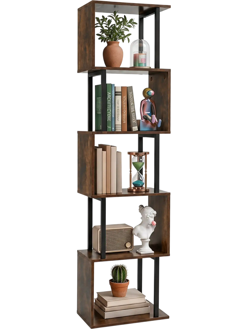 5-tier S-shaped bookshelf in rustic brown offers ample storage and display space, ideal for living room or office use.