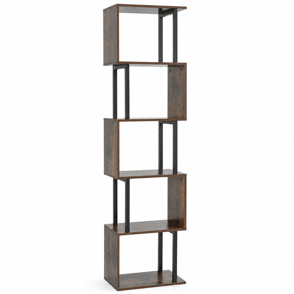 5-tier S-shaped bookshelf in rustic brown features open cubes and anti-toppling kits, perfect for living room display.